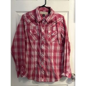 Bit & Bridle Button Down Western Shirt Pink Plaid Embroidered Long‎ Sleeve XL